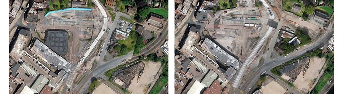 before and after images showing the Dudley Interchange site - before features the large superstore building with a black roof and blue roof bus shelters. In after image they have been removed