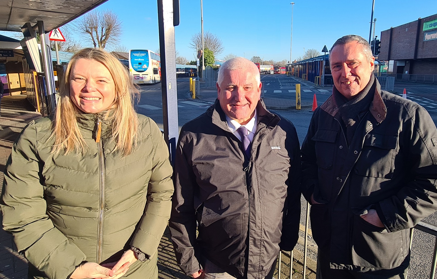 Jo Shore, director of delivery with TfWM, Cllr Patrick Harley, leader of Dudley Council and Adam Lane, project manager with TfWM say farewell to the old bus station,