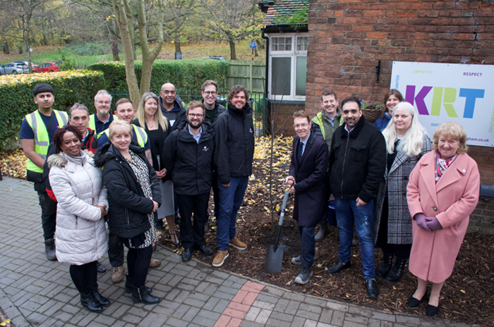 Andy Street, Mayor of the West Midlands, with staff from KRT, The Woodland Trust, Amazon, ward councillors and environment staff from WMCA planting the first tree at the trust's site.