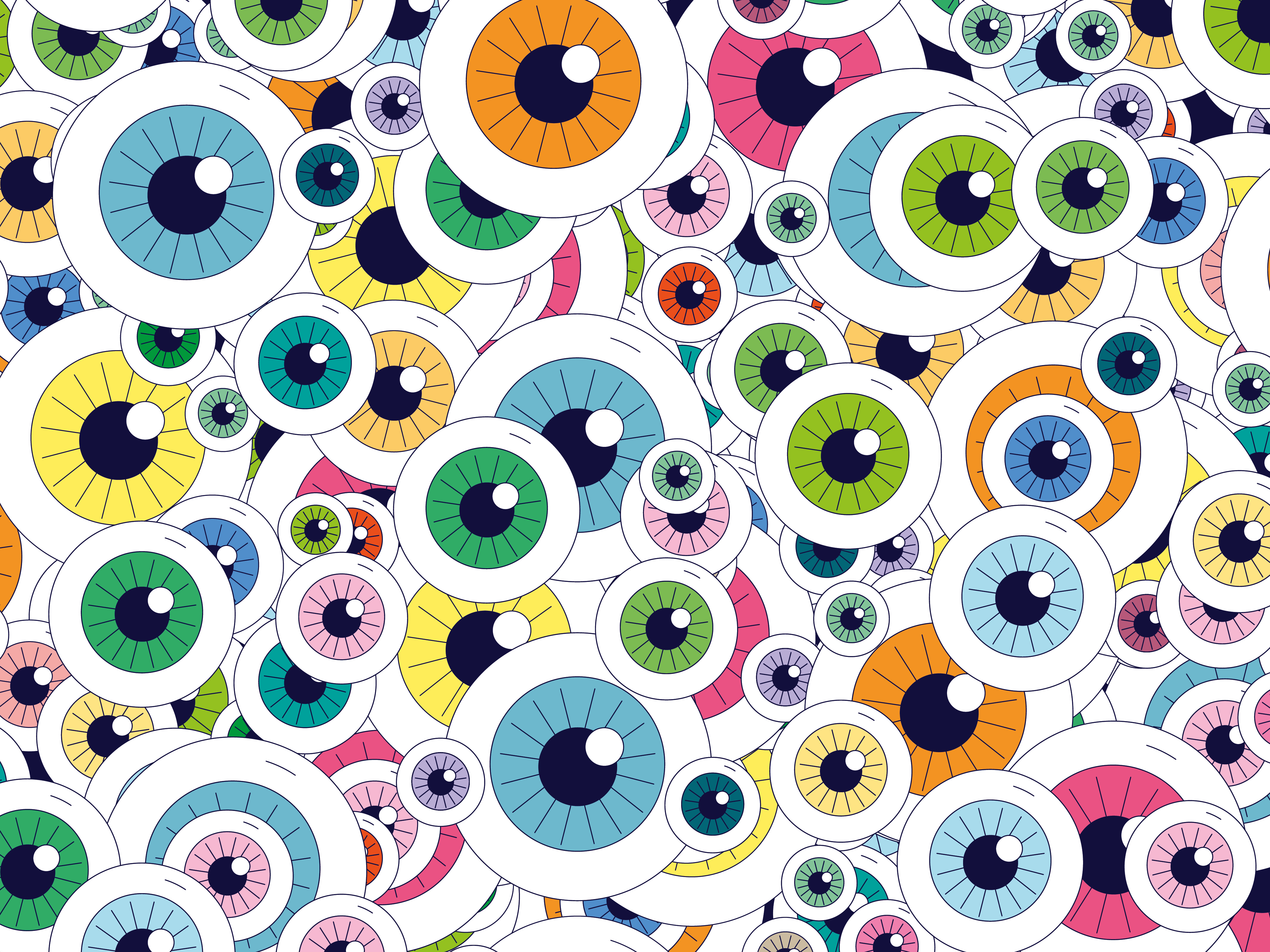 A key art illustration for Creativity Week. Portrayed is a series of cartoon-like illustration of eyes with different colours overlayed on top of each other. 