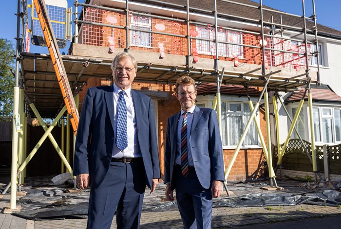 Cllr Ian Courts (left), leader of Solihull Council and WMCA portfolio holder for housing and land, with Andy Street, Mayor of the West Midlands and WMCA chair, take a tour of the homes undergoing retrofit