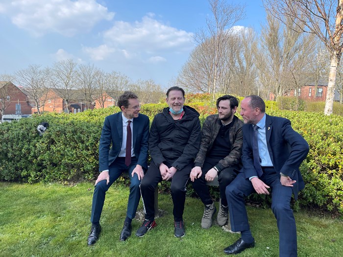 From left, Mayor of the West Midlands Andy Street, talks to housing clients Martin and Ryan, with Eddie Hughes MP.