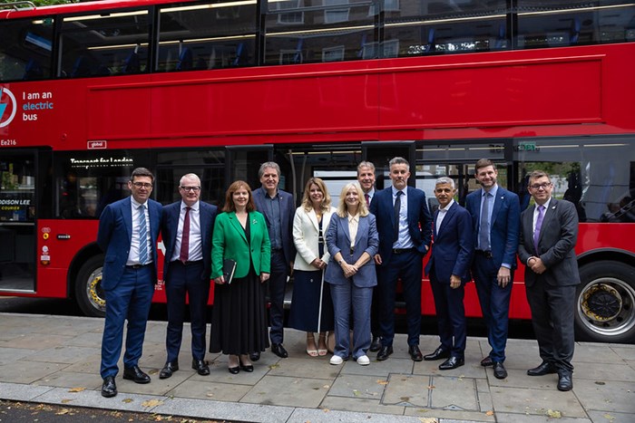 England's metro mayors line up next to a red London double decker bus