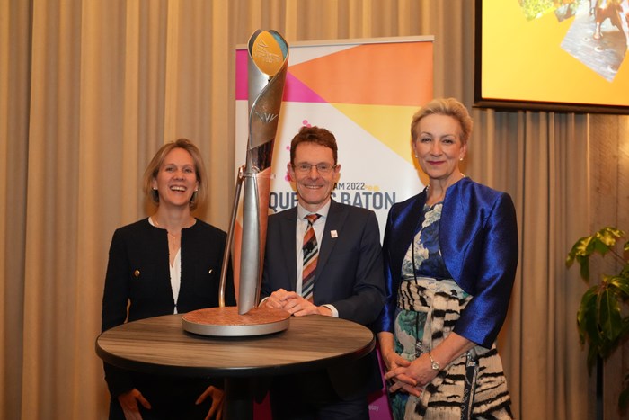L-R: Susannah Goshko, British High Commissioner to Canada; Andy Street, the Mayor of the West Midlands and Dame Judith MacGregor, VisitBritain Chair with the Queen’s Baton during a BATP trade visit to Toronto last year