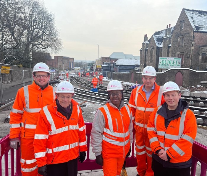 Metro track in Castle Hill, Dudley with Andy Street, Mayor of the West Midlands, and Councillor Simon Phipps, Dudley Council Cabinet Member for Regeneration & Enterprise, joined the team from the MMA