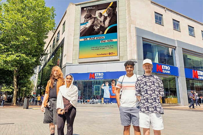 A mock up of how one of the adverts will look on a city centre display screen. Pictured left to right are students, Joshua Thomas, Jasleen Kaur, Nikhil Odedra and Joshua Reilly