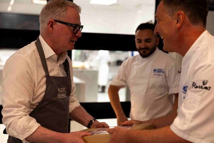 Mayor of the West Midlands, Richard Parker with Chelmsley Starters chef lecturer, Dan Androne (centre) and Adam Pickett (right) at Chelmsley Starters