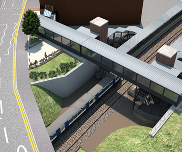 CGI image of ariel view of a train station with an overpass