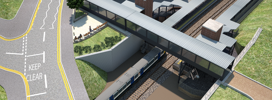 CGI image of ariel view of a train station with an overpass