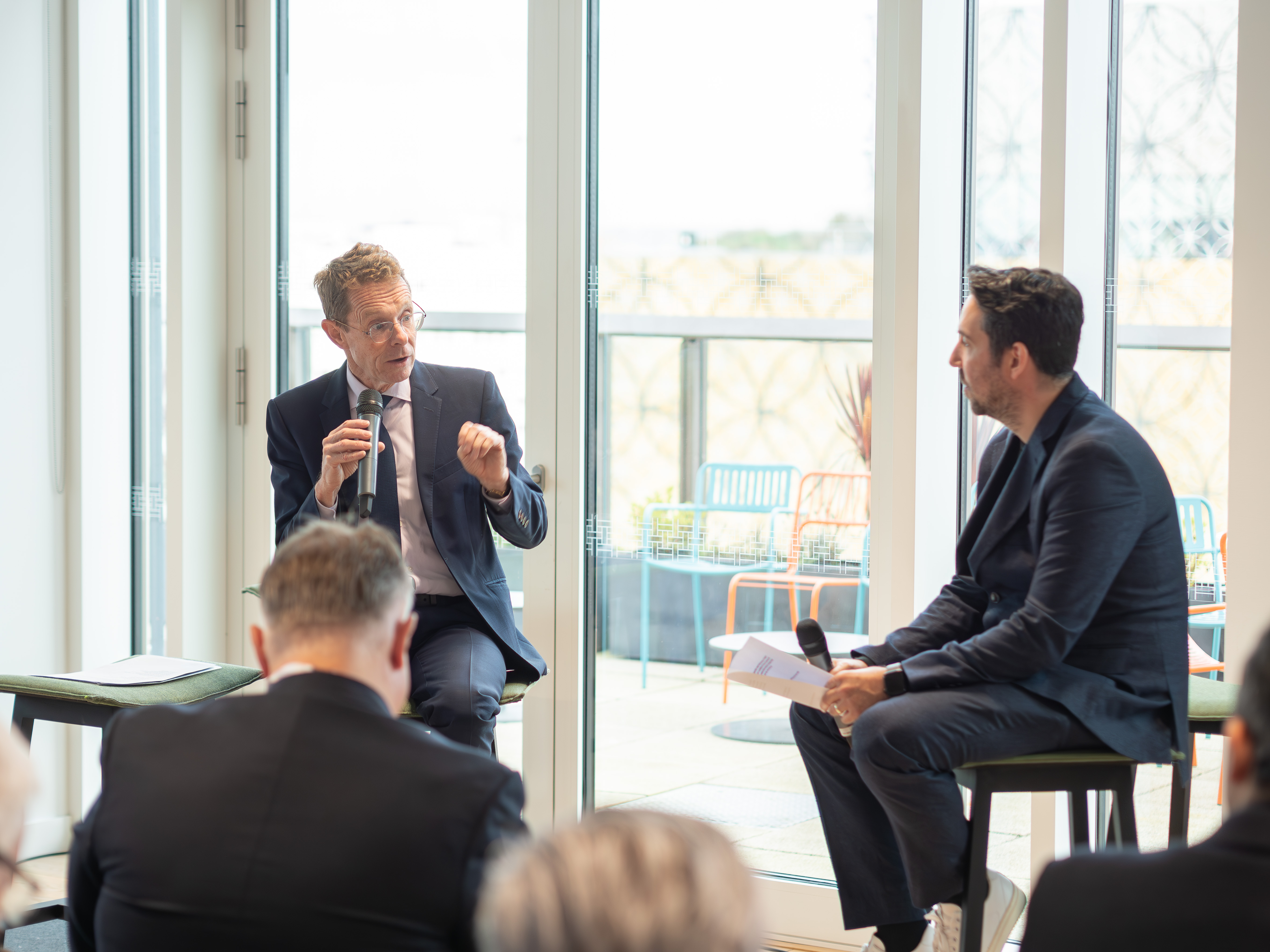 Andy Street, Mayor of the West Midlands, left, with Yiannis Maos MBE, Chief Executive Officer at TechWM, speaking at the leadership breakfast panel at the launch of Birmingham Tech Week. Photograph: Edwin Ladd/Mr Ladd Media.