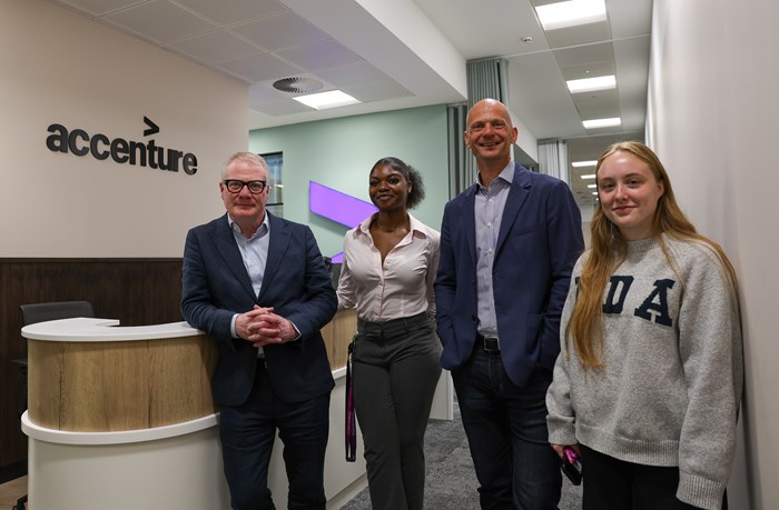 Richard Parker, Mayor of the West Midlands, (left) with apprentices Manuela Ikpasa and Maddie Sanderson and Accenture's West Midlands Lead, Paul Stanley at the company's new offices in Birmingham city centre