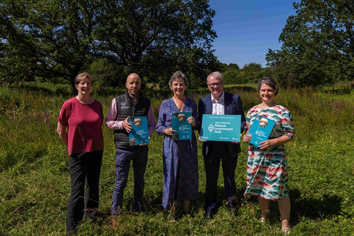 From left to right – Cllr Lynnette Kelly, Coventry City Council Deputy Leader and Cabinet Member for jobs, regeneration and climate change; Ian Jelley, Director of Landscape Recovery at Warwickshire Wildlife Trust; Nature Minister Mary Creagh MP; Richard Parker, Mayor of the West Midlands; and Clare Ollerenshaw, WMCA's Nature Investment Hub project manager, at Lake View Park in Coventry.