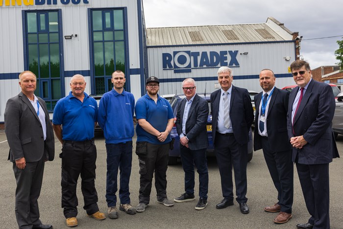 Left to right: Paul Smith (adult training, PTP), Adrian O’Loughlin (manager, Rotadex) Aaron Gare (apprentice now employed by Rotadex), Daniel Harte (apprentice), Mayor Richard Parker, Kevin Newell (engineering project manager, PTP) Ian Bailey (operations manager PTP), William White (managing director, Rotadex)