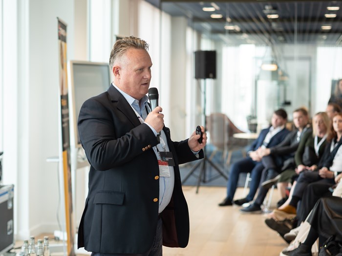 Andy Street, Mayor of the West Midlands, left, with Yiannis Maos MBE, Chief Executive Officer at TechWM, speaking at the leadership breakfast panel at the launch of Birmingham Tech Week. Photograph: Edwin Ladd/Mr Ladd Media.