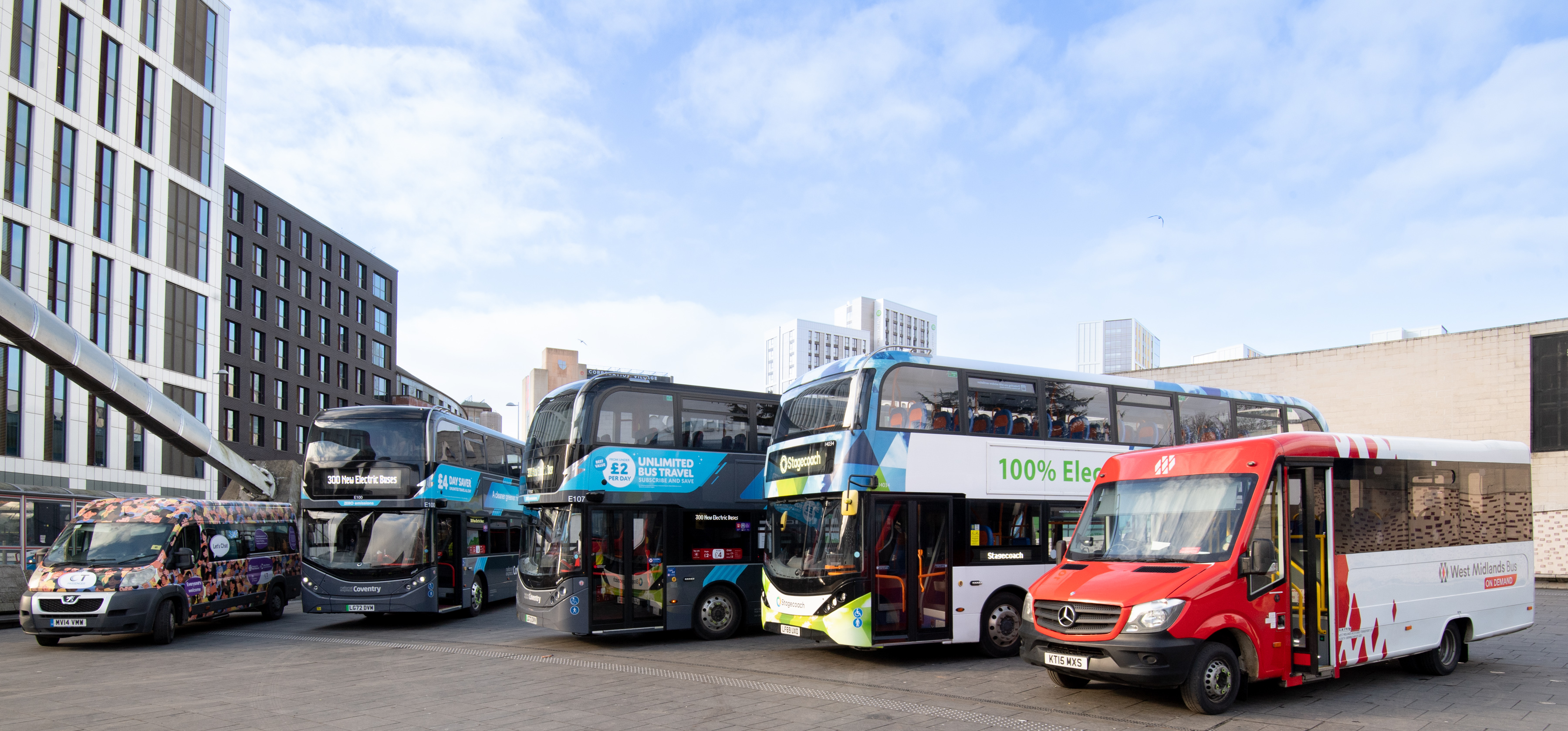 Five buses including minibuses and double deckers showing the variety of operators and services in Coventry