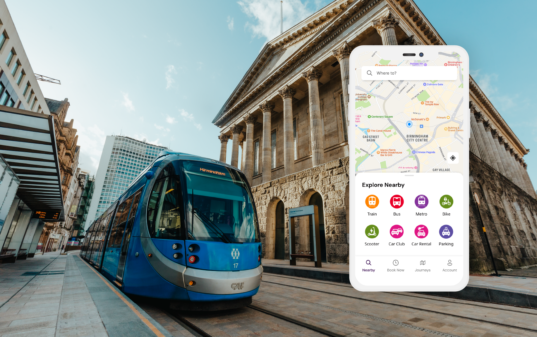 Picture of a tram in Birmingham City Centre with a smartphone map app insert