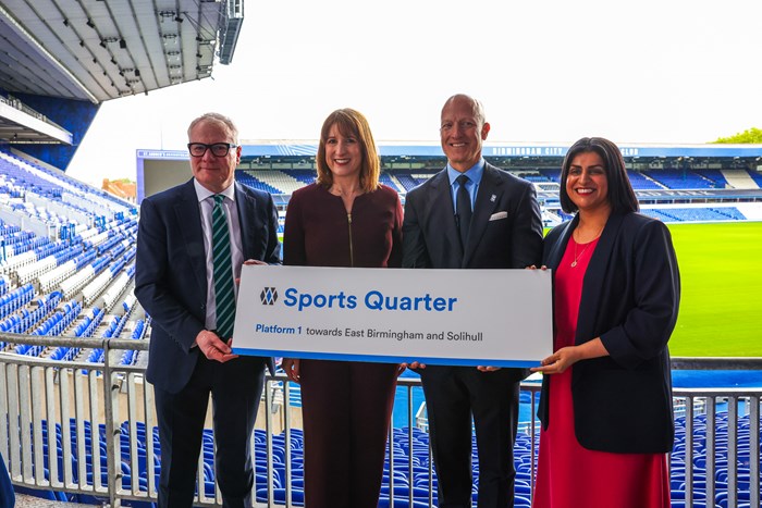 Chancellor Rachel Reeves alongside Mayor Richard Parker and Shabana Mahmood MP at the Metro Sports Quarter announcement at Birmingham City Football Club.