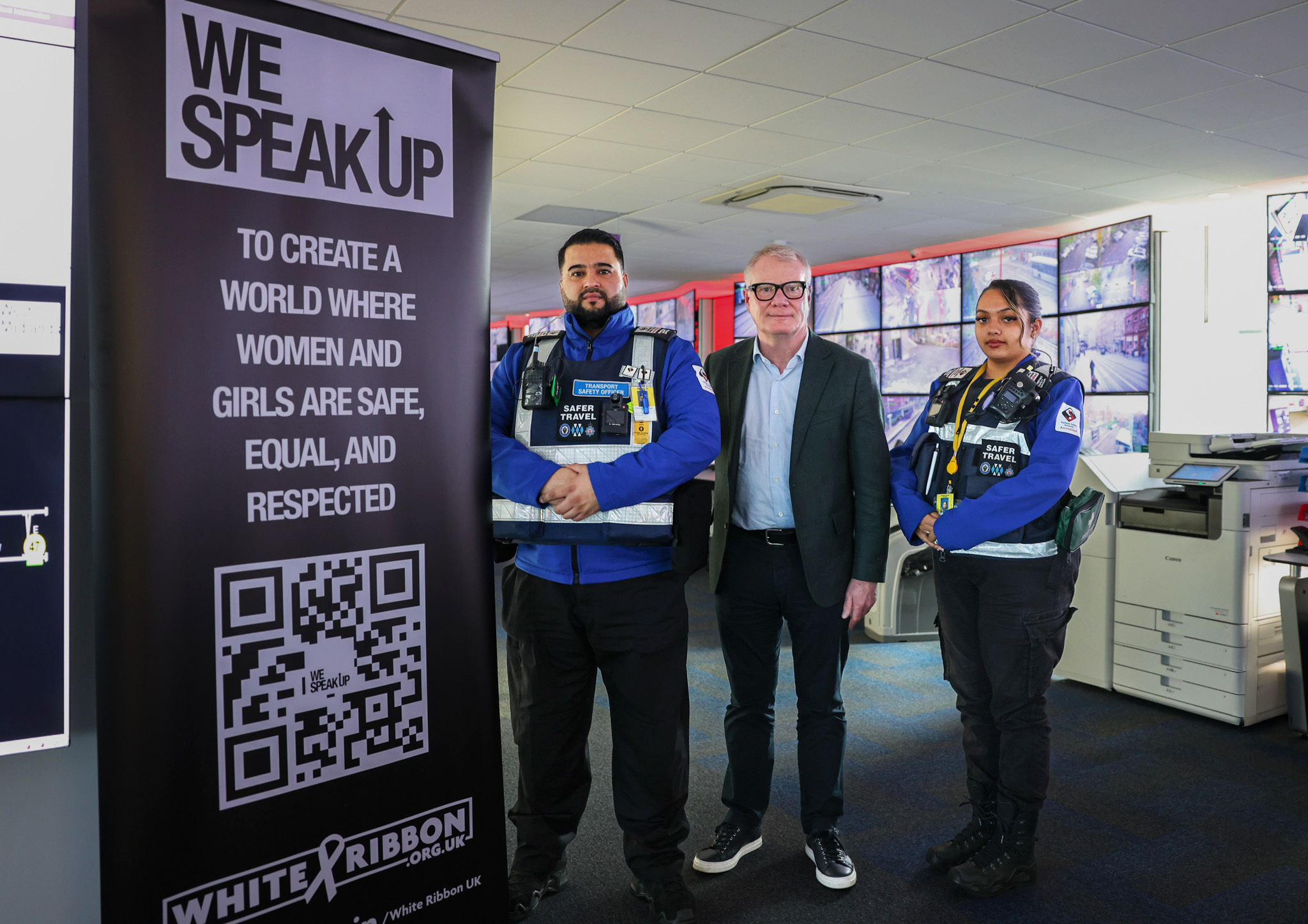 Mayor Richard Parker (centre) with Transport Safety Officers Mohammed Naqshbandi (left) and Simran Sheemar (right), who have been promoting the White Ribbon campaign ‘We Speak Up’