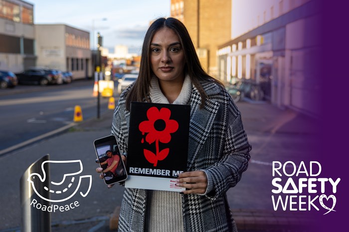 Sonia Gandham, RoadPeace member whose brother’s life was taken in 2021, photographed for Road Safety Week