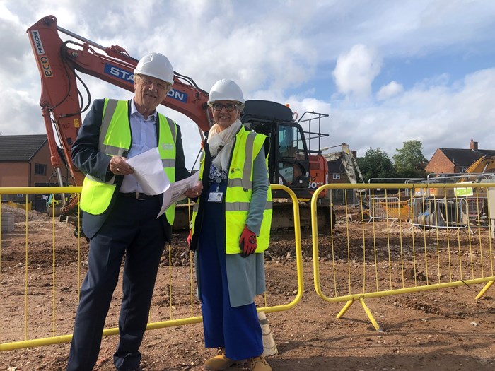 Cllr Ian Courts (Leader of Solihull Council) and Fiona Hughes (Chief Executive of Solihull Community Housing) at the Montfort site as building work begins