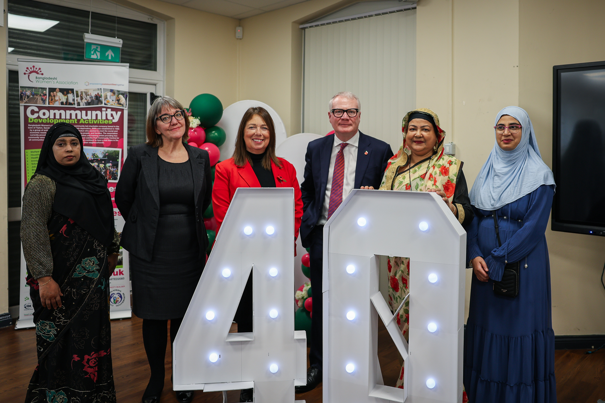 From left: BWA volunteer Noor Bahar, Coun Vicki Smith, Sandwell Counci's Cabinet Member for Housing, Coun Kerrie Carmichael, Leader of Sandwell Council, Richard Parker, Mayor of the West Midlands, Syeda Khatun MBE, CEO Bangladeshi Women’s Association and BWA staff member Khansa Javed