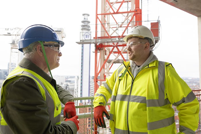 Mayor Richard Parker with apprentice Ky Shaw at the Great Charles Street Moda Living project in Birmingham