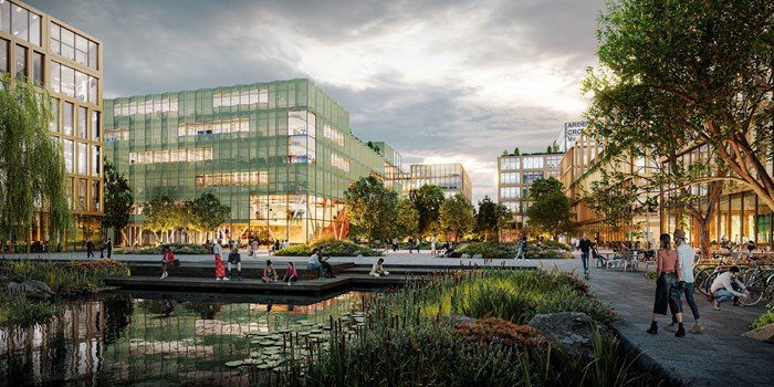 Computer image of an office development with a cluster of five or six storey buildings surrounding a pool and landscaped space