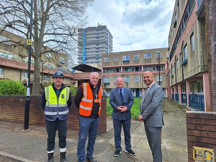 From left: Regional Managing Director at The Hill Group, Andy Fancy, Director of Regeneration at Citizen, Kevin Roach, Cabinet Member for Jobs, Regeneration and Climate Change at Coventry City Council, Councillor Jim O’Boyle, Cabinet Member for Housing and Communities at Coventry City Council, Councillor Naeem Akhtar.