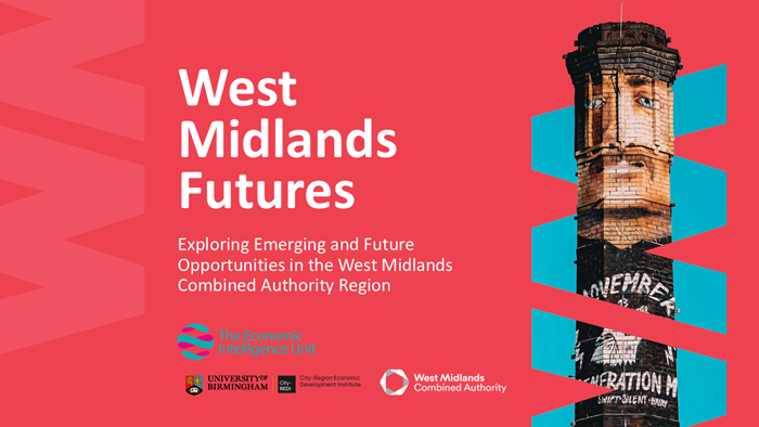 West Midlands Futures Exploring Emerging and Future Opportunities in the West Midlands Combined Authority Region Cover Image, red including picture of industrial tower in WMF cutout