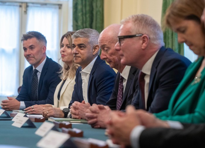 Mayors including London's Sadiq Khan and West Midland Mayor Richard Parker at meeting, sitting across table from the the Prime Minster