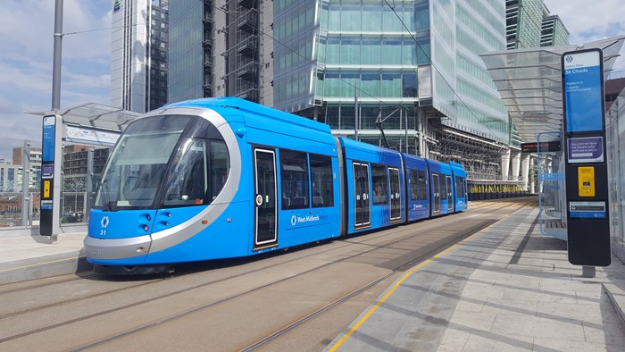 A West Midlands Metro blue tram at St Chads in Birmingham