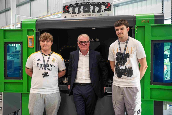 Learners (l-r) Luis Skelding and Armandas Pikelis with Mayor Richard Parker at Wolverhampton College Advanced Technology Centre