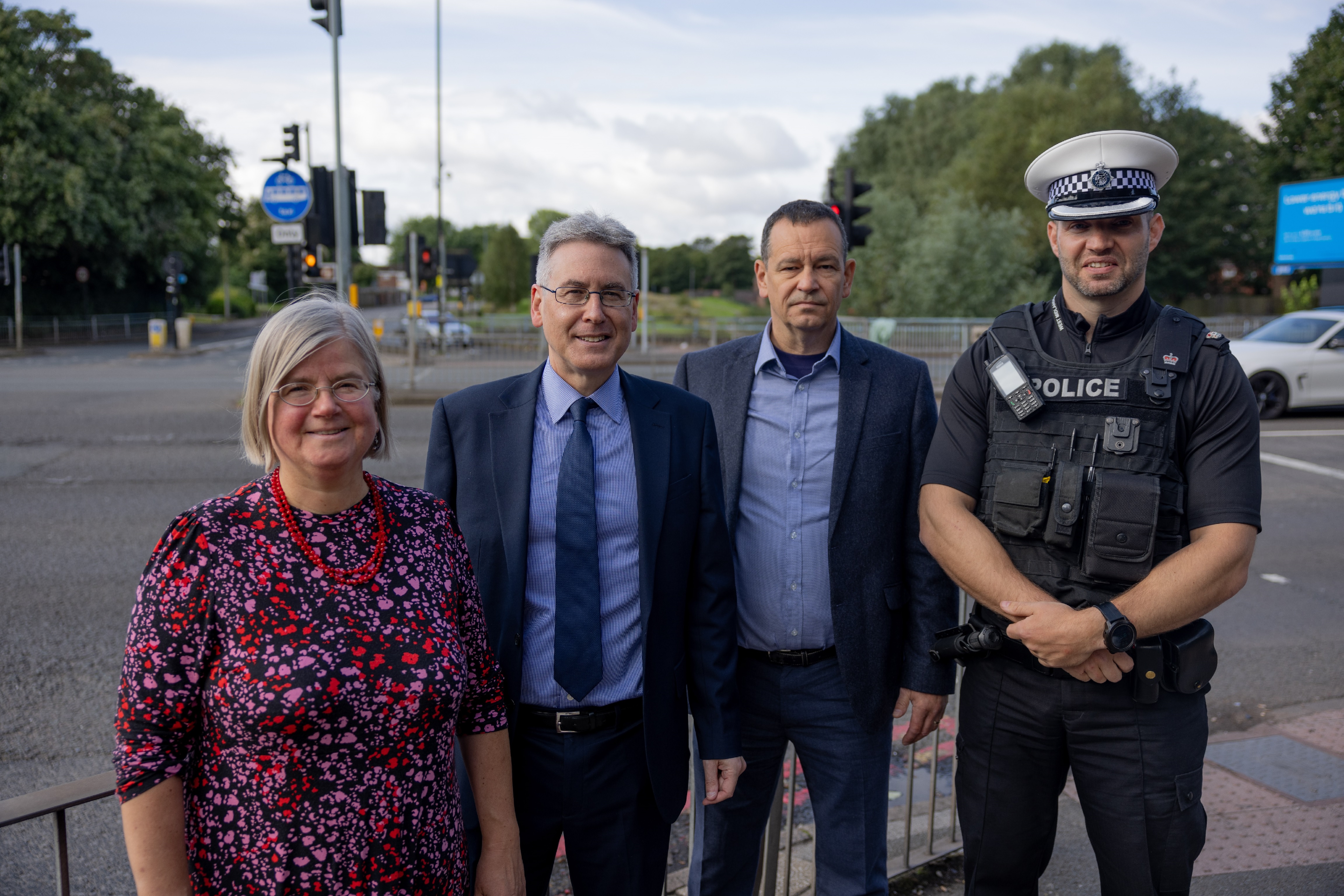 Cllr Liz Clements, cabinet member for transport at Birmingham City Council; Simon Foster, West Midlands Police and Crime Commissioner; Darren Divall, regional road safety manager for Transport for West Midlands; Superintendent Gareth Mason, head of roads policing in West Midlands, at the launch of today’s road safety crackdown.