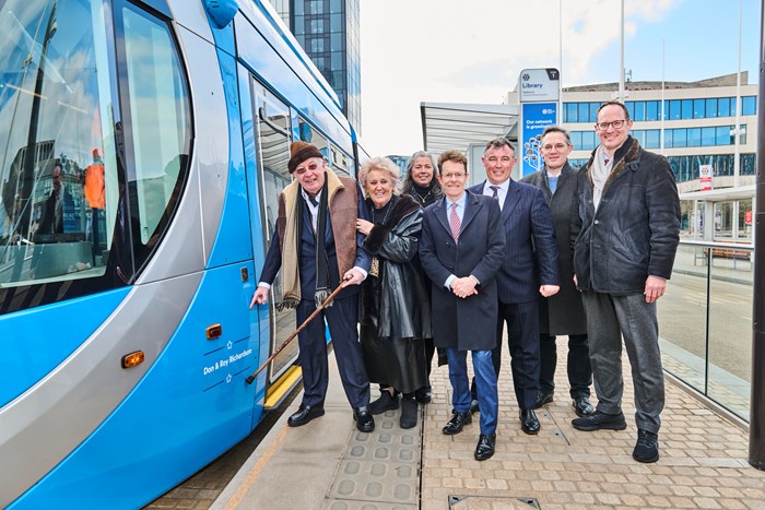 Roy Richardson and his family with the Mayor and the new tram