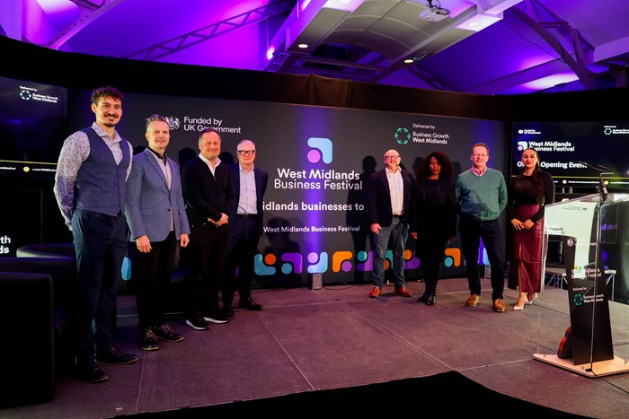 Mayor Richard Parker with Rosvaldas Povilionis, from Innovation Alliance West Midlands, host Phil Oldershaw, chocolate entrepreneurs Giles Atwell and Steve Russell, Mattie Yeta, chief sustainability officer for CGI UK, Rob Harrison from Glued Marketing, and The Apprentice star Scarlett Allen-Horton.