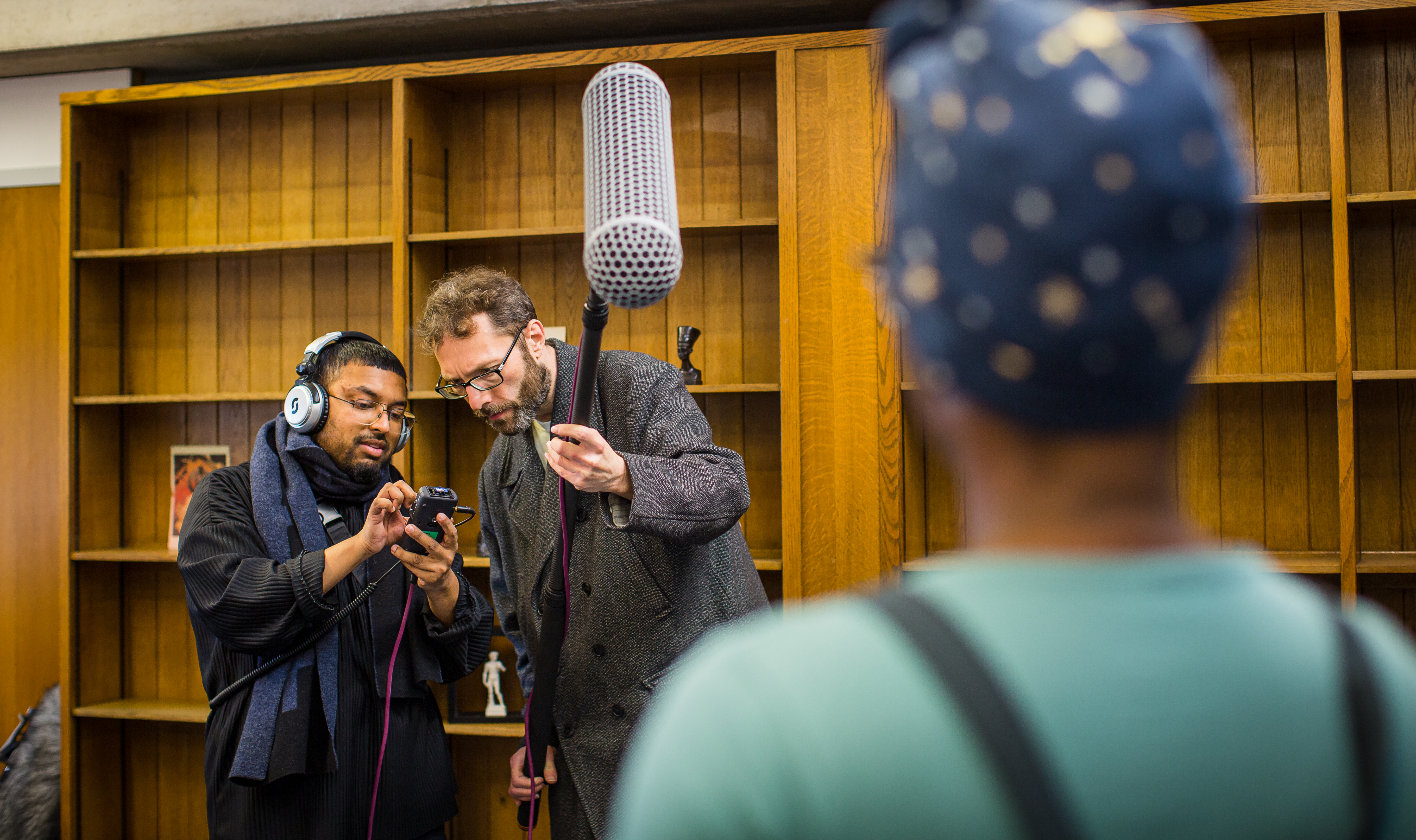 Student receives training in sound recording on set as part of film skills bootcamp