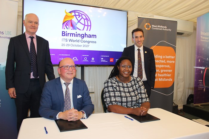 From left to right: Anthony Ferguson, Department for Transport, Joost Vantomme, chief executive of the event organiser ERTICO – ITS Europe.),  Cllr Sharon Thompson, the Deputy Mayor of the West Midlands and Max Sugarman of ITS UK