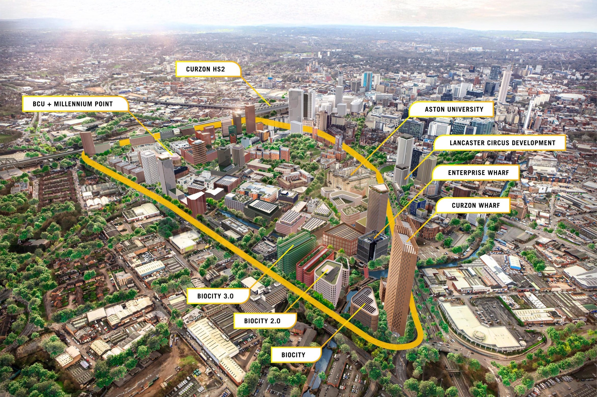 Aerial CGI of buildings in development. The image shows a number potential high rise buildings from above.