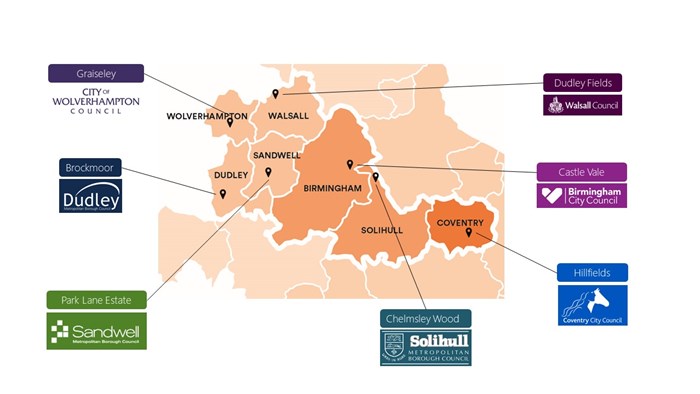 Map of the West Midlands, showing the locations of our 7 Net Zero Neighbourhoods: Graiseley (Wolverhampton), Brockmoor (Dudley), Park Lane Estate (Sandwell), Dudley Fields (Walsall), Castle Vale (Birmingham), Hillfields (Coventry), and Chelmsley Wood (Solihull).
