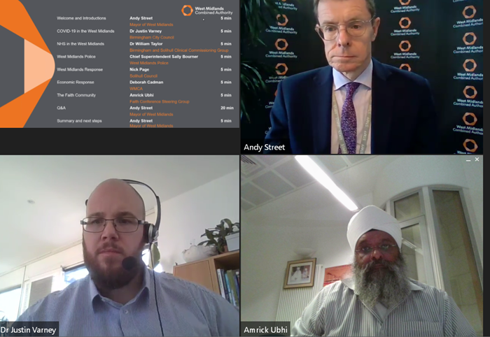 Andy Street, Mayor of the West Midlands (top right) and Amrick Singh Ubhi (bottom right), chair of the Faith Strategic Partnership Group, during an one of the online Covid-19 briefings that were held throughout the pandemic