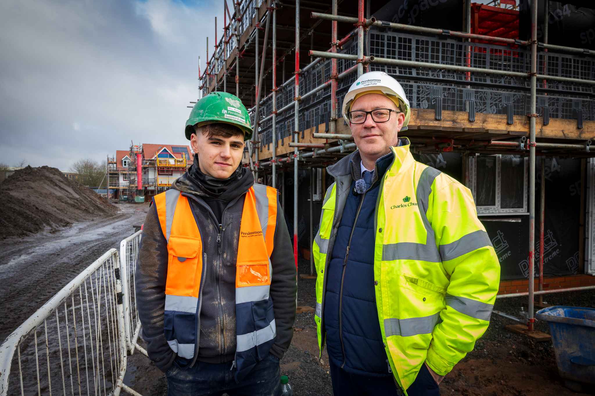Bricklaying apprentice Max Worton with Leigh Fuller, project manager, Persimmon Homes