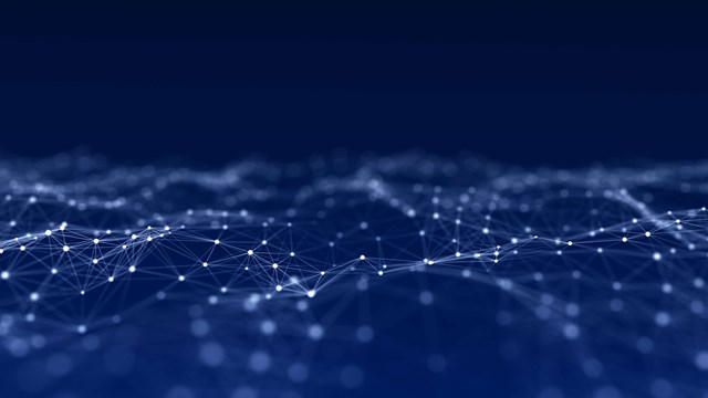 An illustrated image of white nodes connecting together on a blue background. This illustration is aiming to communicate the many digital connections artificial intelligence holds.