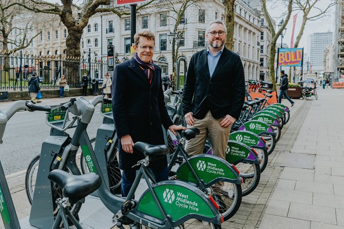 The mayor and cycling and walking commissioner with bikes from West Midlands Cycle Hire