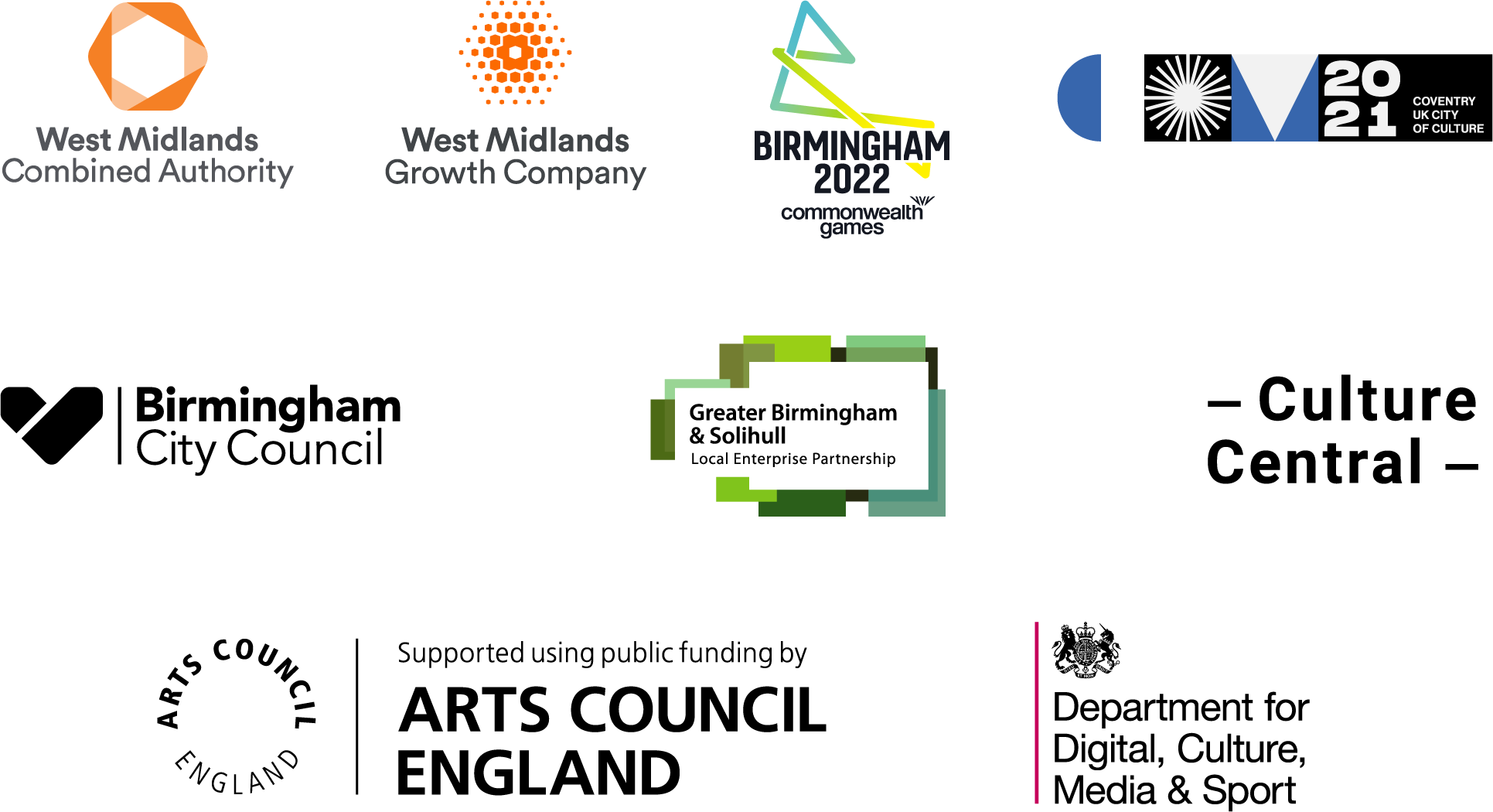 Organisation logos: WMCA, West Midlands Growth Company, Birmingham 2022 Commonwealth Games, Coventry City of Culture 2021, Birmingham City Council, Greater Birmingham and Solihull LEP, Culture Central, Arts Council England, Department for Digital and Culture, Media and Sport.