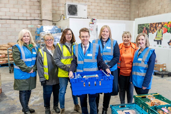 Kat Roberts – FSM Head of Operations & Food, Joan Turner – FSM Volunteer, Carol Hardy – FSM Volunteer, Andy Street – Mayor of the West Midlands, Simone Connolly – FSM CEO, Jo McReynolds – FSM Operations Manager and Laura Spencer – FSM Head of Development.
