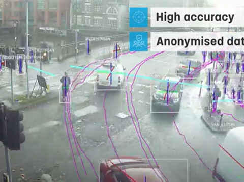 A CCTV image showing the VivaCity system tracking movements of road traffic, pedestrians and cyclists at a busy road junction