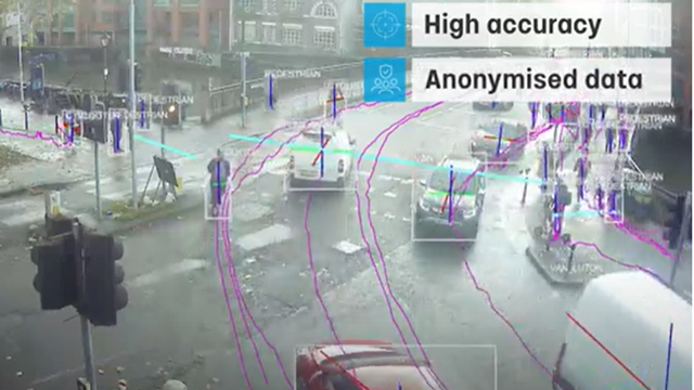 A CCTV image showing the VivaCity system tracking movements of road traffic, pedestrians and cyclists at a busy road junction