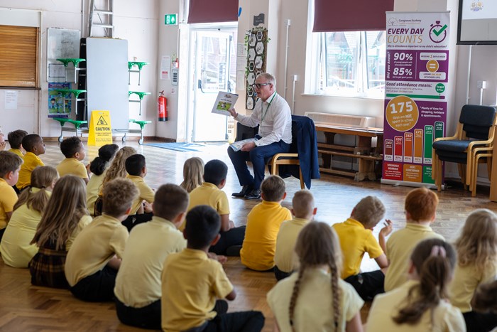 Mayor of the West Midlands Richard Parker reads ‘Auntie Duck’ to pupils at Corngreaves Academy