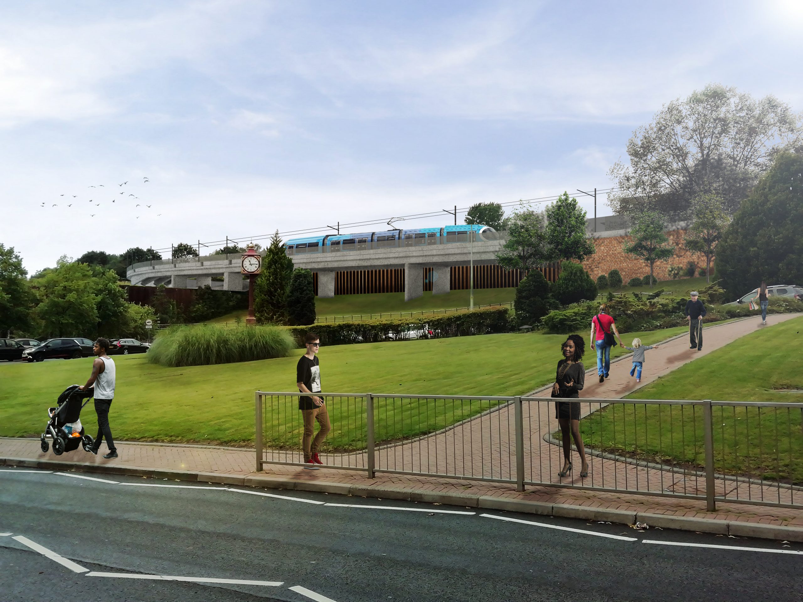 Computer generated image shows a grassed embankment with a large tree to the right and pathway leading up. There are a few people milling about. Along the top of the embankment under a clear blue sky a Metro tram runs along a raised track on a concrete structure