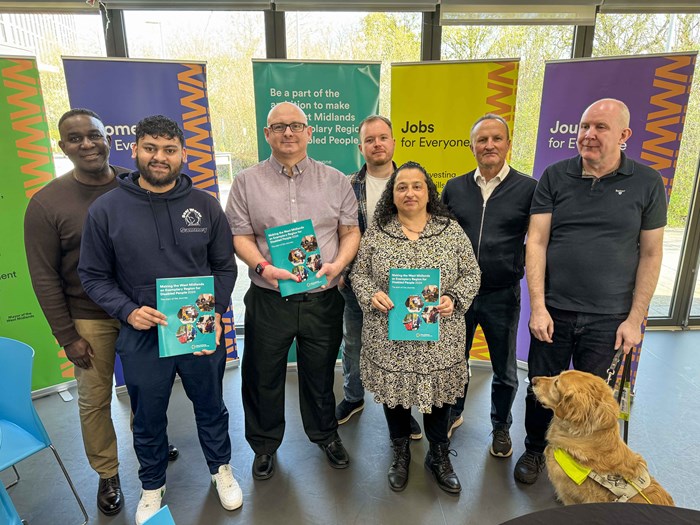 L-R: Kwabena Osayande, Equalities and Diversity Manager at WMCA, Sammey Ahmed of Deaf World, Dr Mark Fosbrook, Senior Policy Officer - Health and Disability at WMCA, Alistair Crisp of Sustrans, Nabila Gardner, of Ways for Wellbeing UK CIC, Simon Hall, Senior Delivery Manager - Wellbeing and Prevention at WMCA and Paul Hopkins with his guide dog Pyrgo at the launch of the report at Sense Touchbase Pears in Selly Oak.